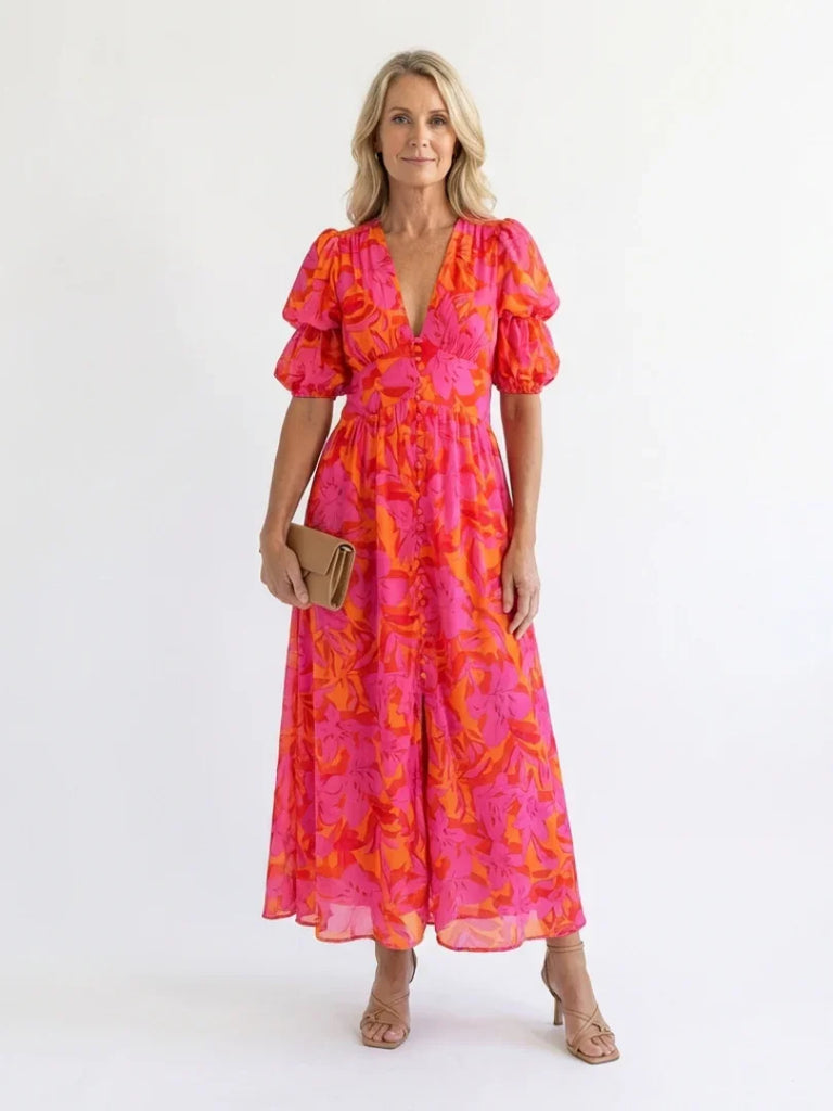 Willow | Floral V Neck Puff Sleeve Midi Dress – Emblem Boutique