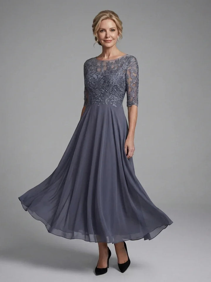 Olivine | Lace Bodice Sheer Sleeve Midi Dress