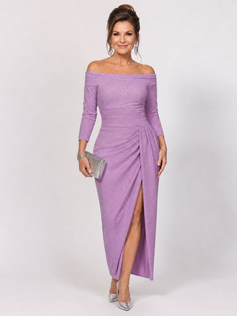 Tindra | Off Shoulder Ruched Slit Midi Dress