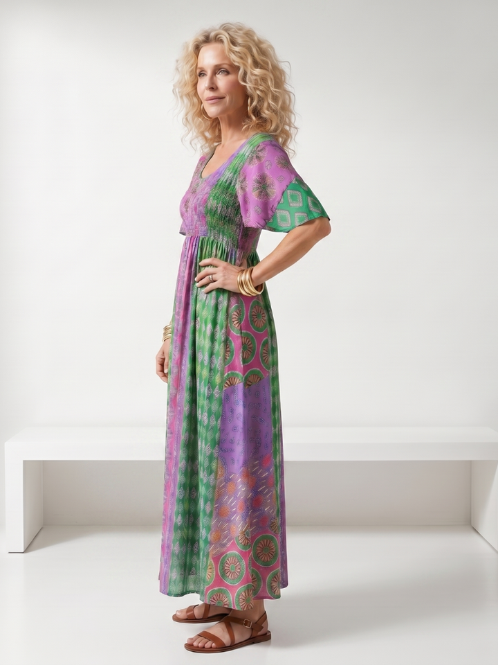 Isia | Mixed Print Short Sleeve Midi Dress