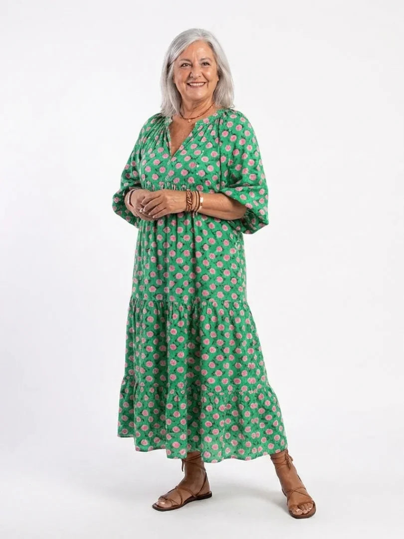 Fiora | Floral Print V Neck Tiered Midi Dress