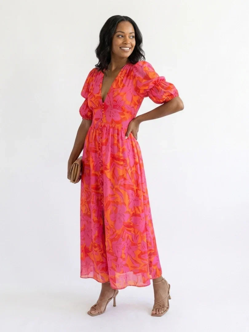 willow floral applique mock neck short sleeve midi dress LouiseMontgomery on LTK