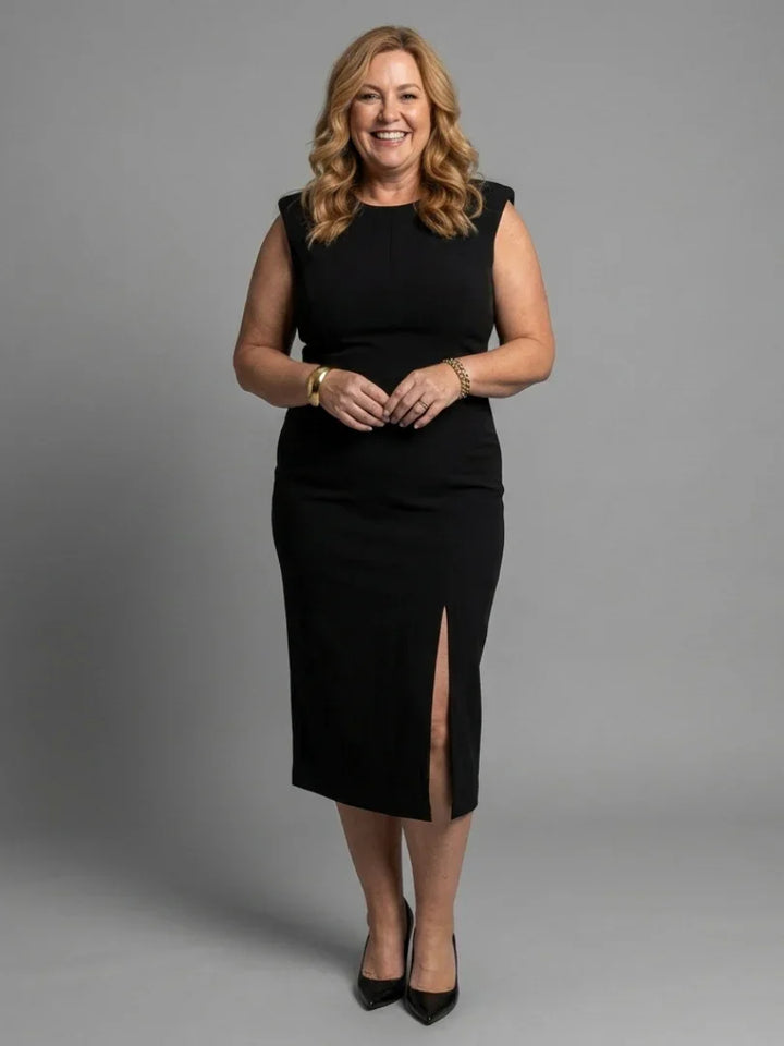 Thessaly | Sleeveless Structured Midi Dress with Front Slit