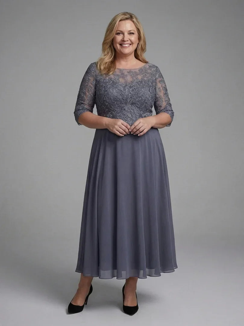 Olivine | Lace Bodice Sheer Sleeve Midi Dress