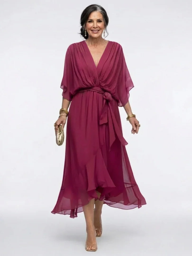 Elysia | V Neck Draped Waist Tie Midi Dress