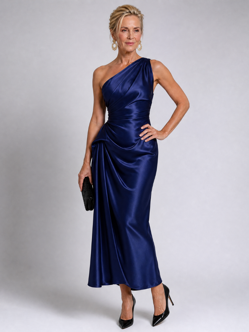 Zeima | One Shoulder Draped Satin Midi Dress