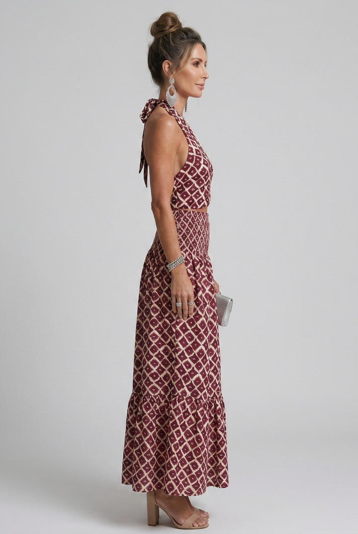 Amira | Cross Halter Geometric Print Cutout Midi Dress