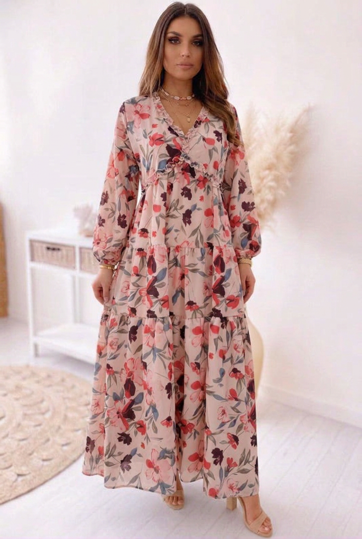 Camelo | Floral Print Long Sleeve Tiered Maxi Dress