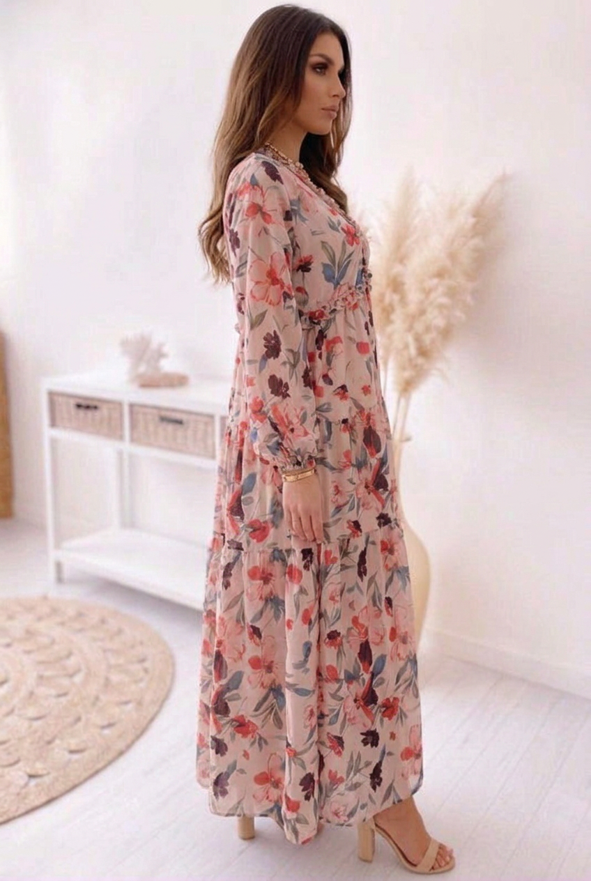 Camelo | Floral Print Long Sleeve Tiered Maxi Dress