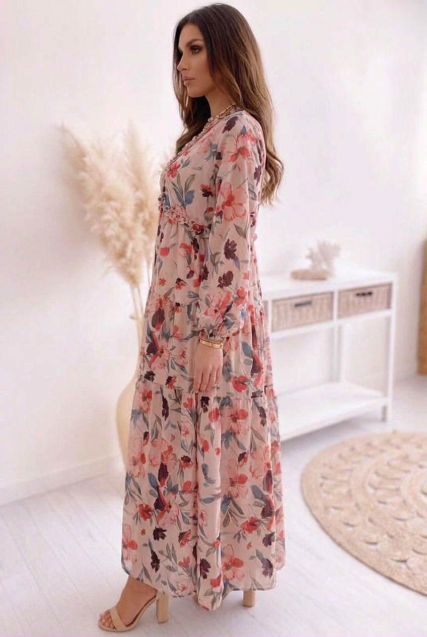 Camelo | Floral Print Long Sleeve Tiered Maxi Dress
