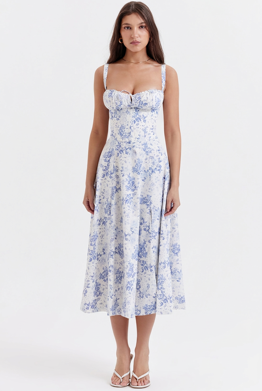 Elowira | Ruched Bust Corset Midi Dress
