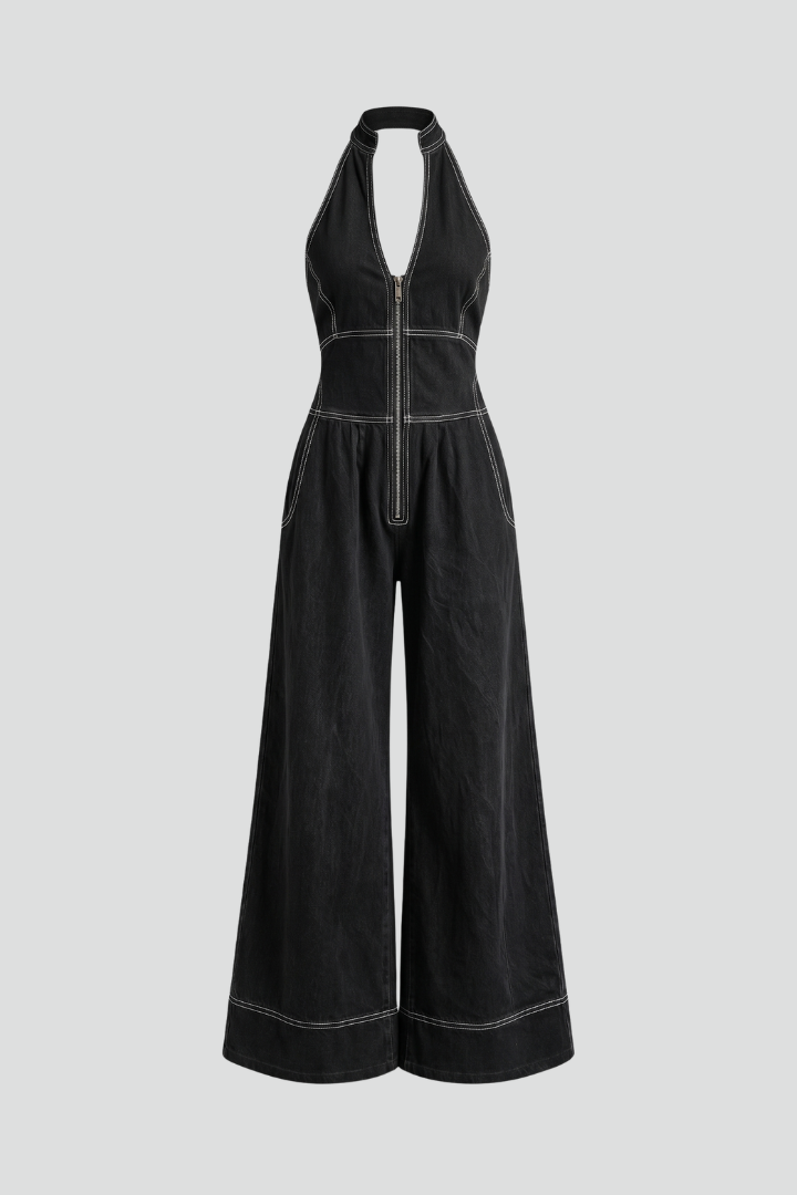 Dara | Zip Front Contrast Stitch Wide Leg Jumpsuit