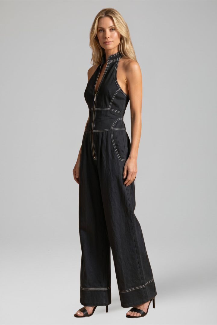 Dara | Zip Front Contrast Stitch Wide Leg Jumpsuit