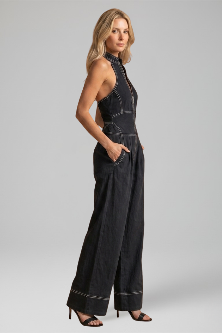 Dara | Zip Front Contrast Stitch Wide Leg Jumpsuit