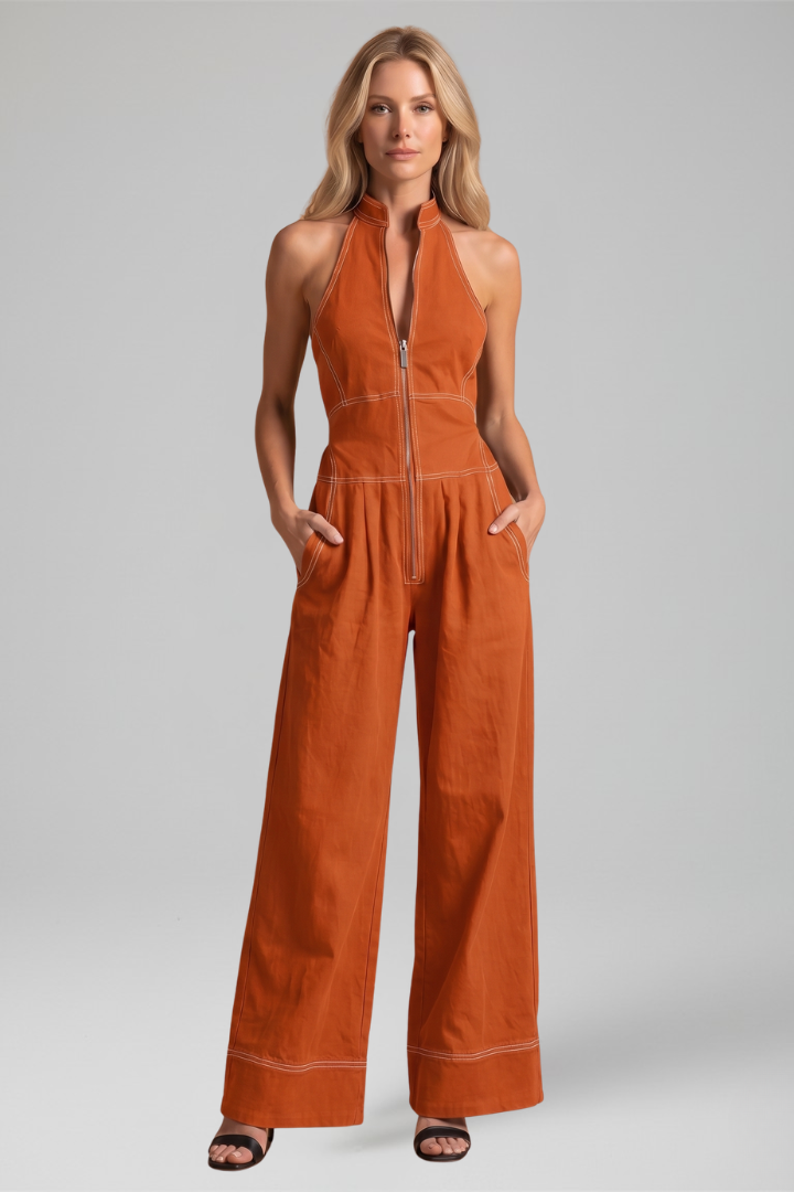 Dara | Zip Front Contrast Stitch Wide Leg Jumpsuit