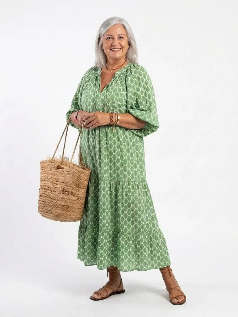 Apolline | Three Quarter Sleeve V Neck Patterned Midi Dress