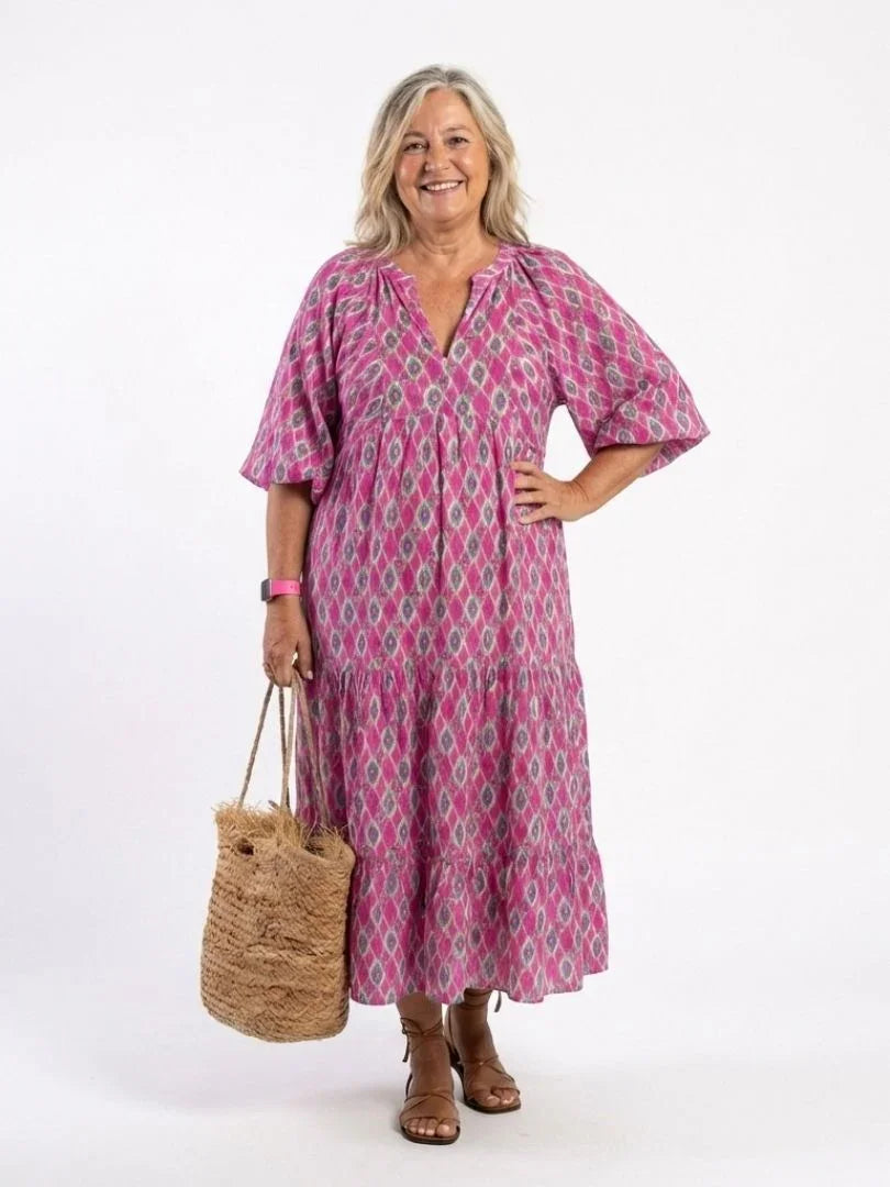 Apolline | Three Quarter Sleeve V Neck Patterned Midi Dress