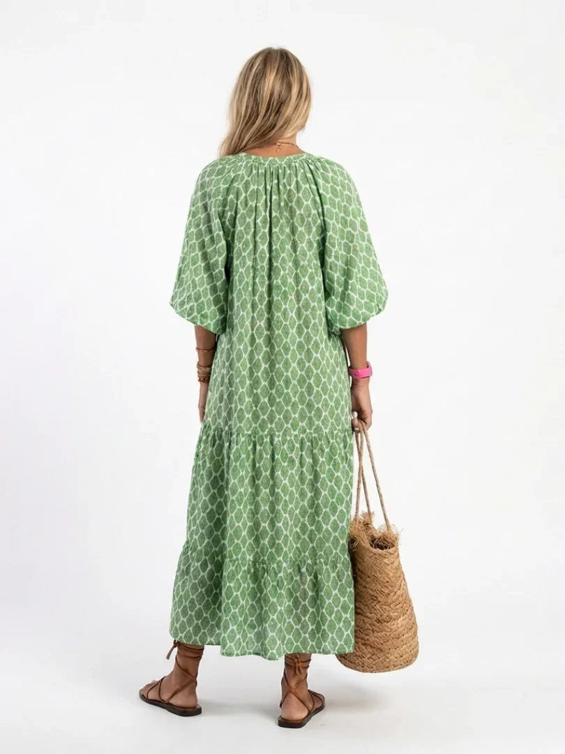 Apolline | Three Quarter Sleeve V Neck Patterned Midi Dress