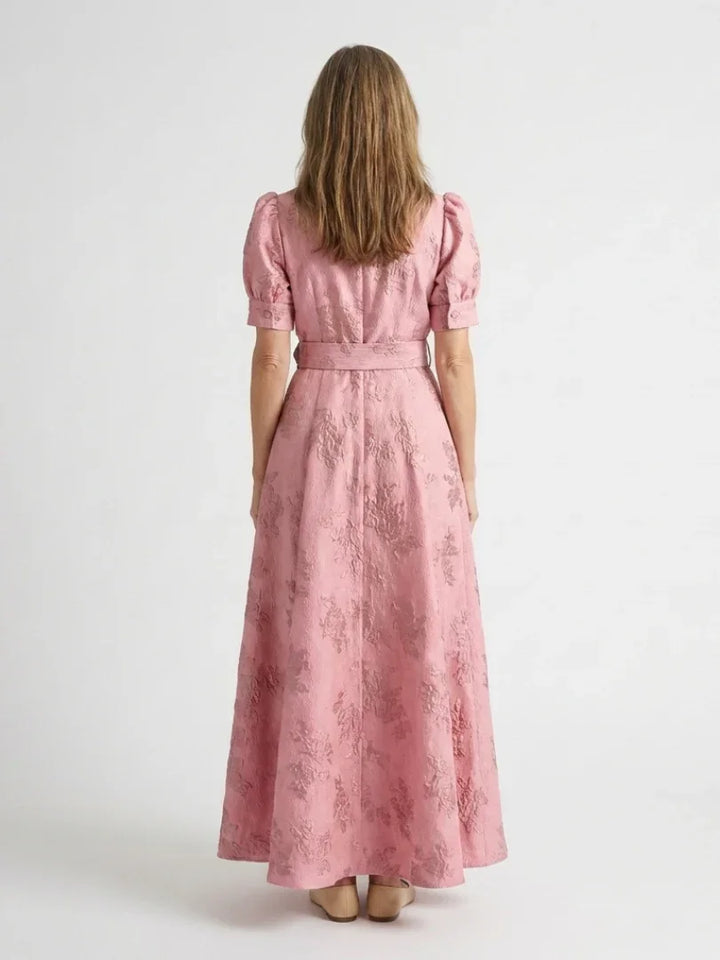 Xanthea | Short Sleeve Belted Floral Textured Maxi Shirt Dress
