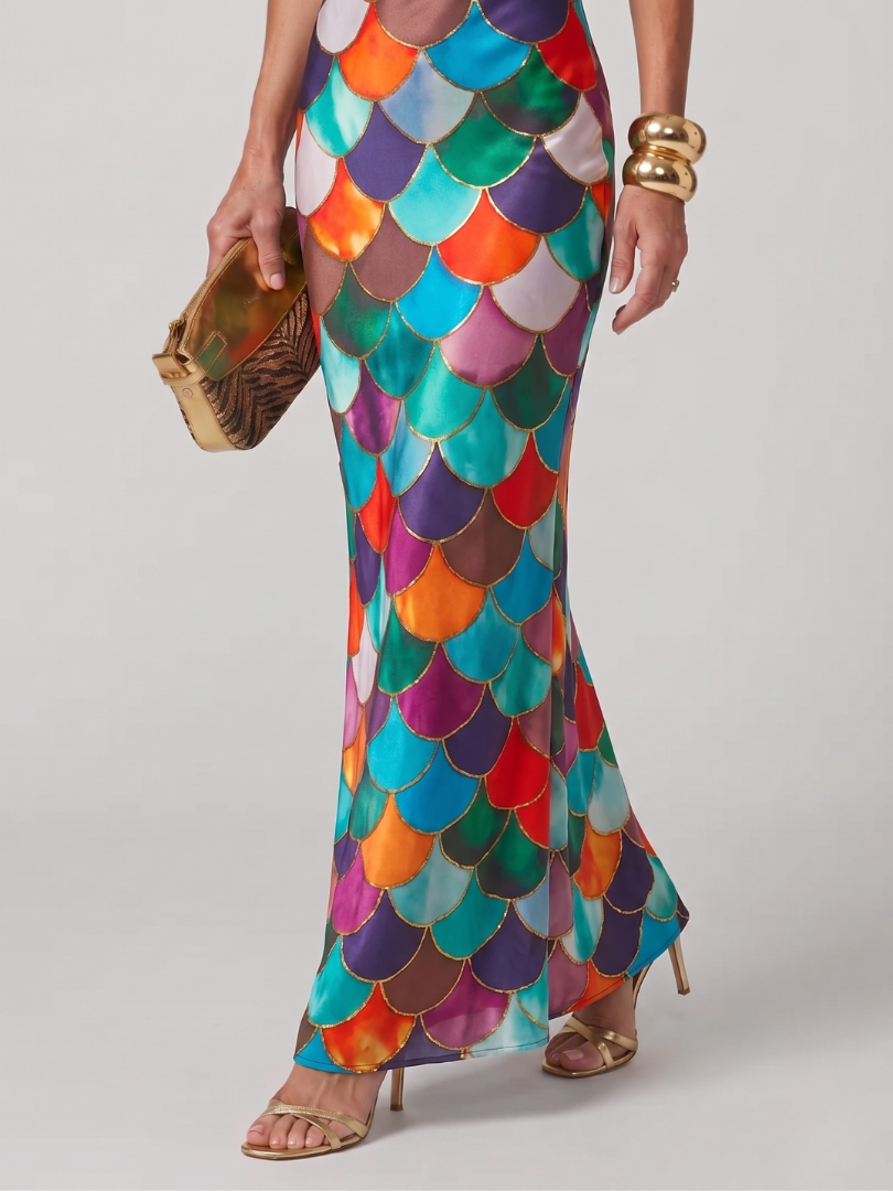 Larkin | Fitted Multicolor Scale Pattern Maxi Dress
