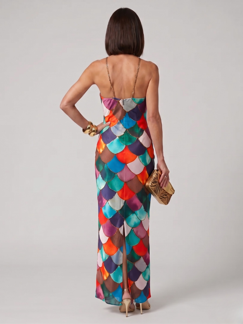 Larkin | Fitted Multicolor Scale Pattern Maxi Dress