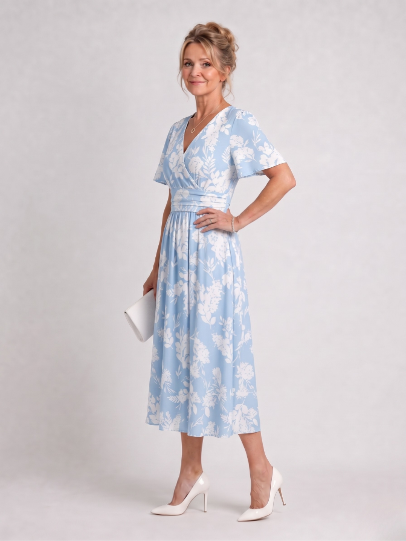 Marion | Floral Print Short Sleeve V Neck Midi Dress