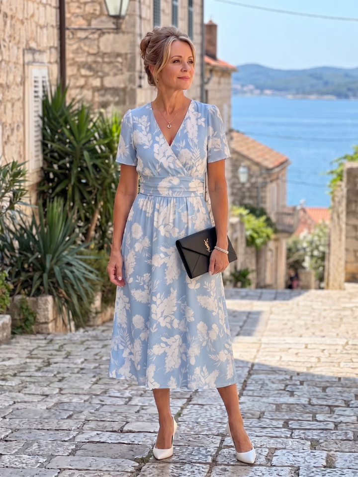 Marion | Floral Print Short Sleeve V Neck Midi Dress