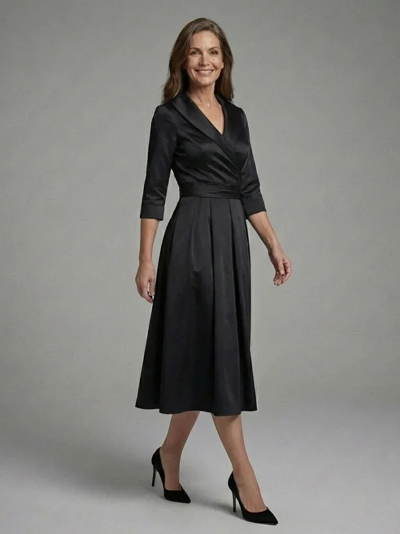 Genevieve | Three Quarter Sleeve Wrap Bodice Midi Dress