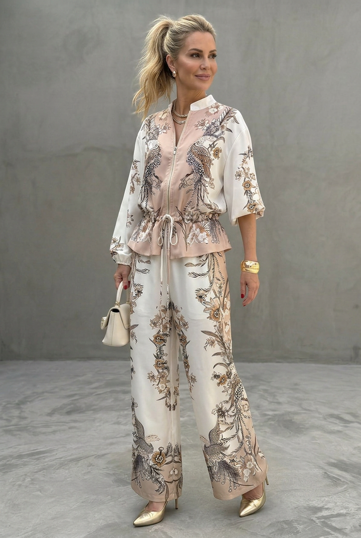 Indie | Zip Front Blouson Top Printed Two Piece Set