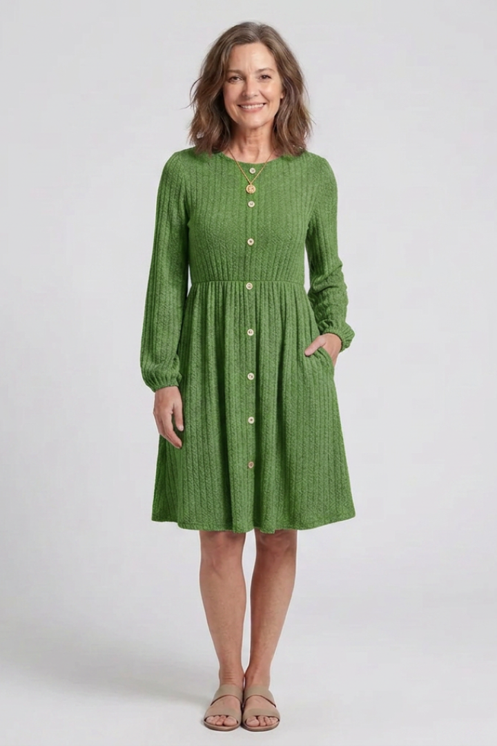 Isolde | Cross Pleated V Neck Button Front Midi Dress