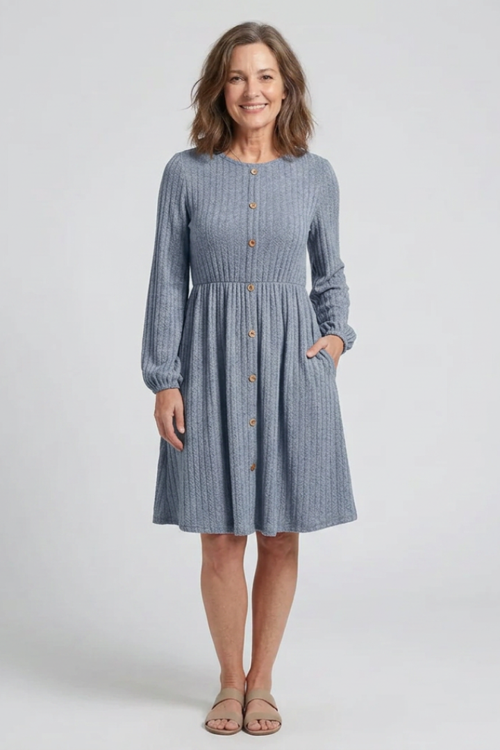 Isolde | Cross Pleated V Neck Button Front Midi Dress