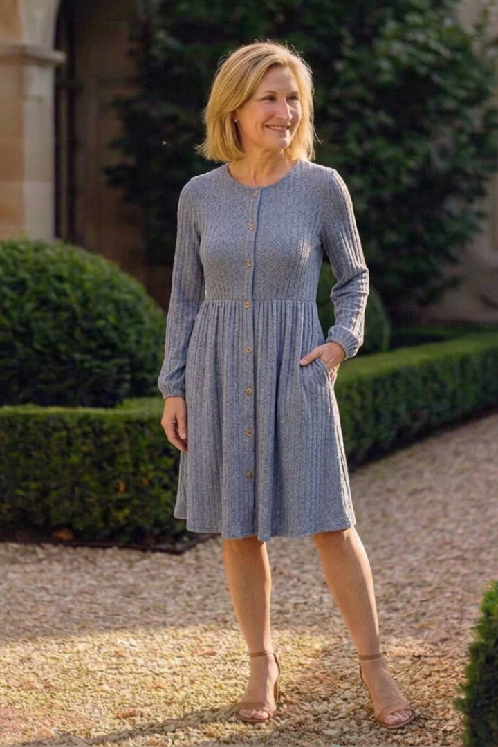 Isolde | Cross Pleated V Neck Button Front Midi Dress