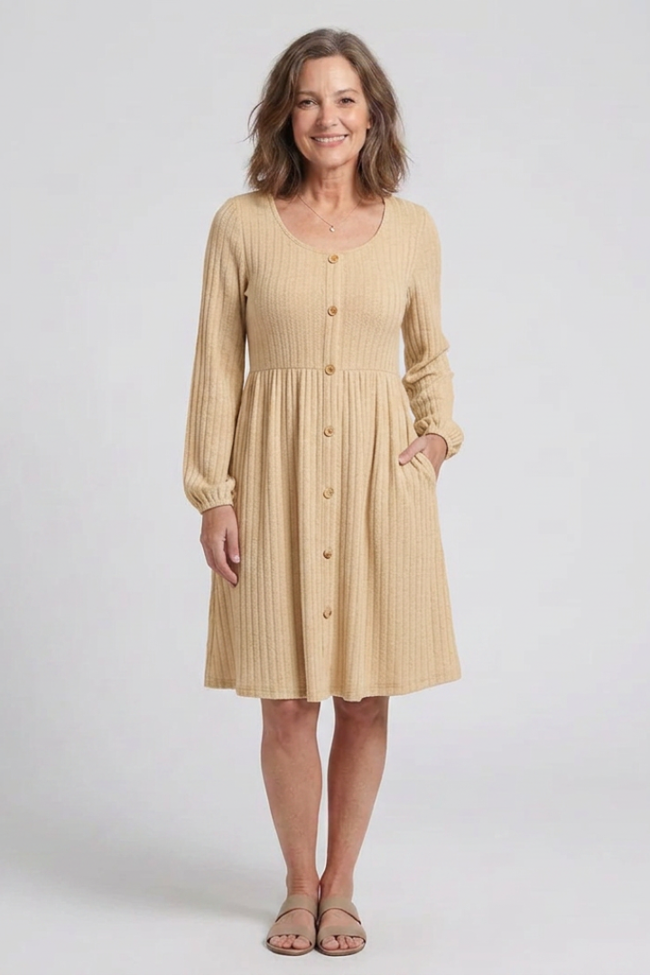 Isolde | Cross Pleated V Neck Button Front Midi Dress