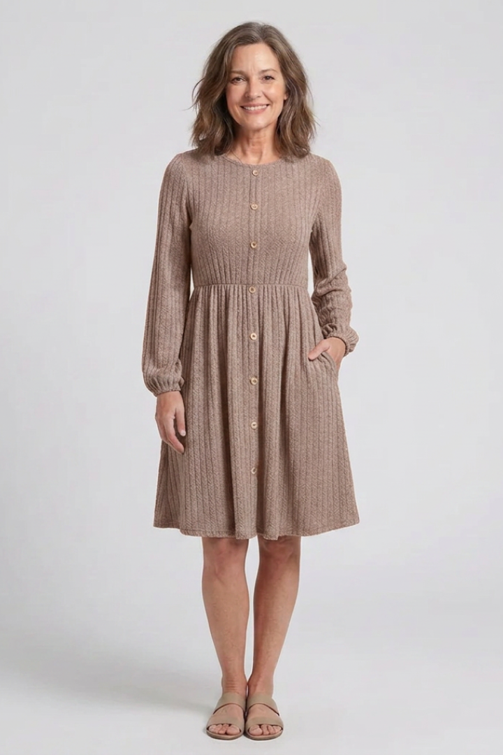 Isolde | Cross Pleated V Neck Button Front Midi Dress