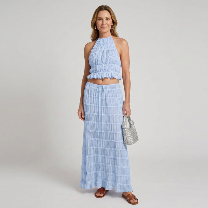 Jolene | Ruffled Halter Crop Top and Drawstring Maxi Skirt Set