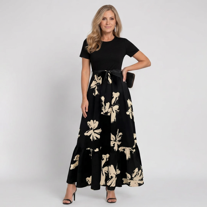 Klasen | Short-Sleeve Floral Print A-Line Maxi Dress