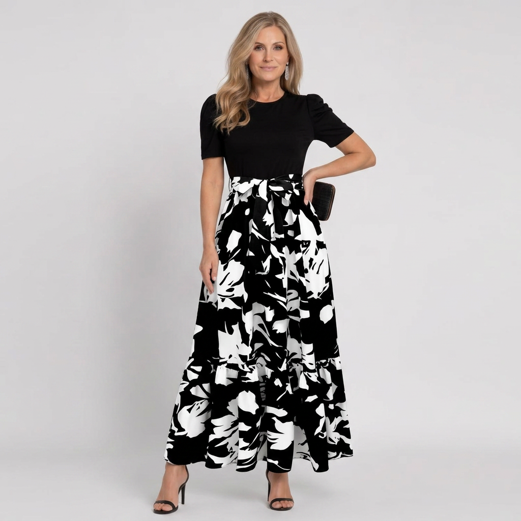 Klasen | Short-Sleeve Floral Print A-Line Maxi Dress