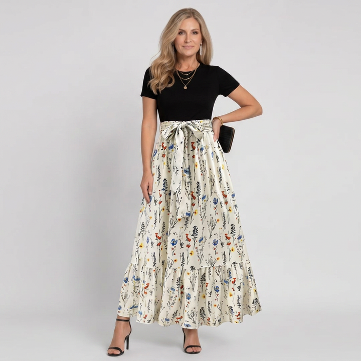 Klasen | Short-Sleeve Floral Print A-Line Maxi Dress