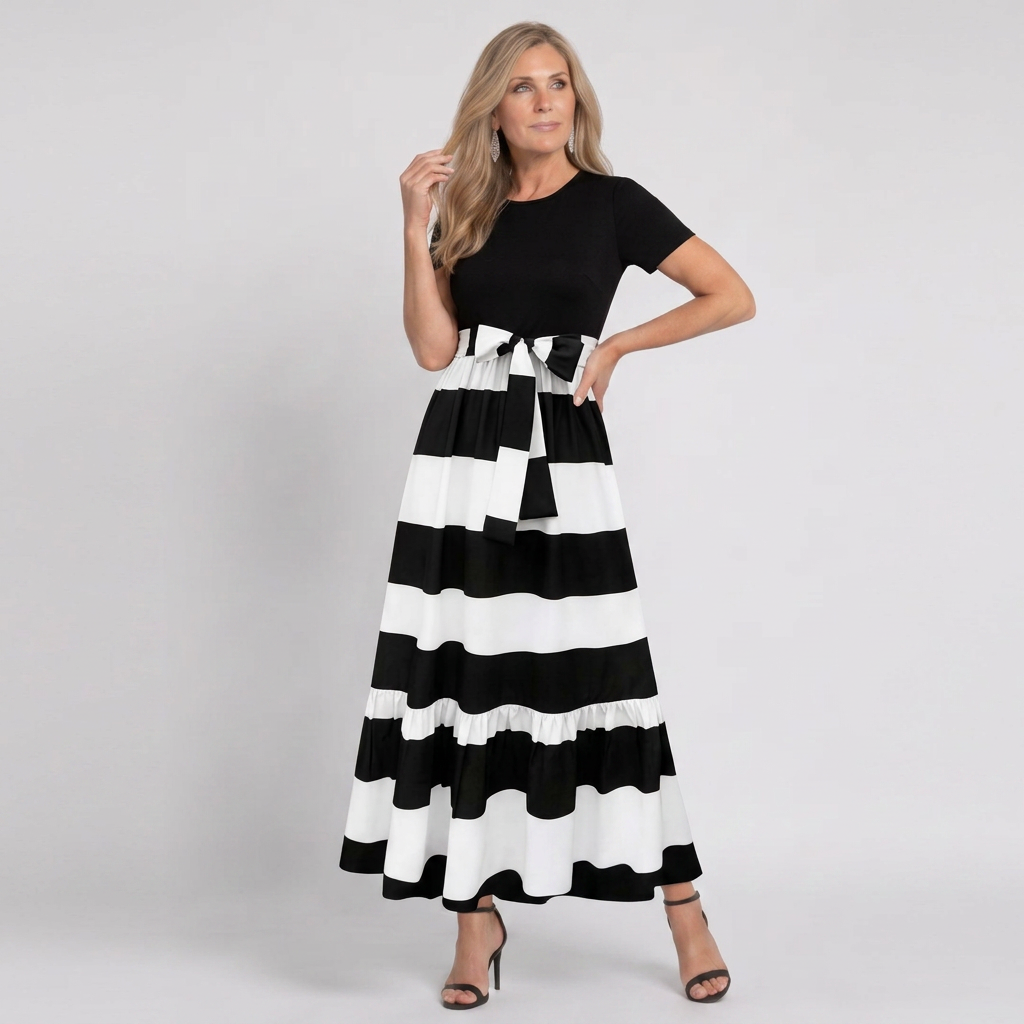 Klasen | Short-Sleeve Floral Print A-Line Maxi Dress