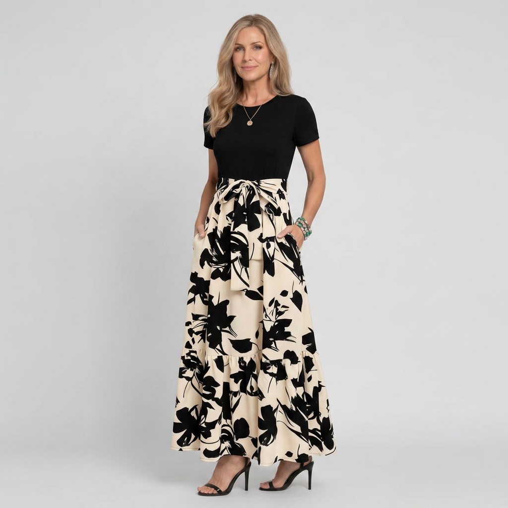 Klasen | Short-Sleeve Floral Print A-Line Maxi Dress