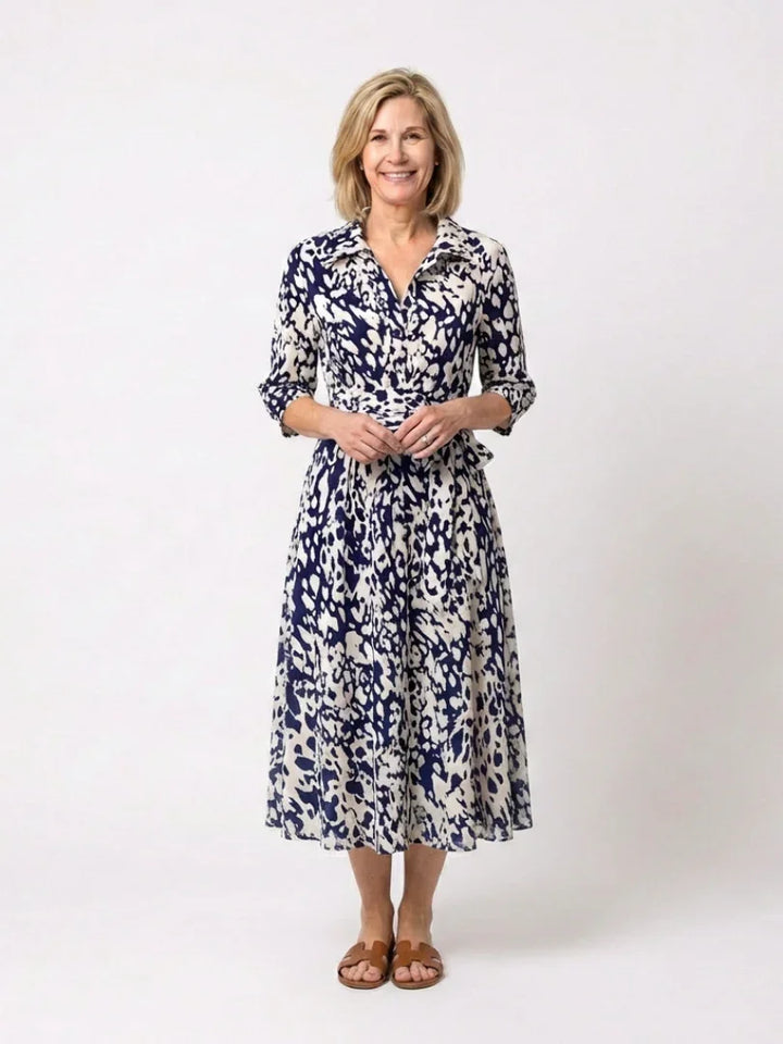 Oriana | Collared Long Sleeve Waist Tie Midi Dress