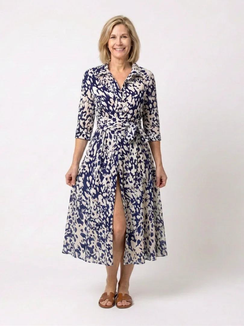 Oriana | Collared Long Sleeve Waist Tie Midi Dress