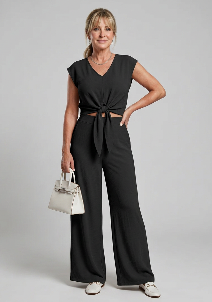 Leonora | Simple V Neck Strap Short Top Wide-leg Pants Sets
