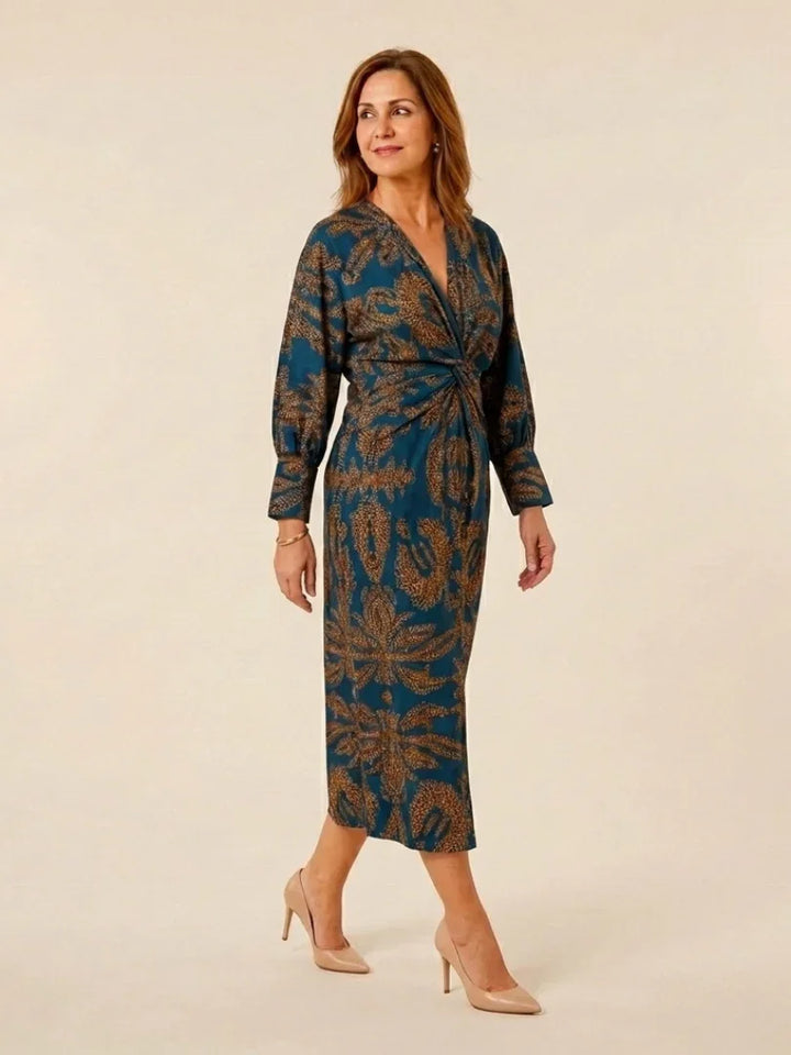 Corinna | Long Sleeve V Neck Twist Front Midi Dress