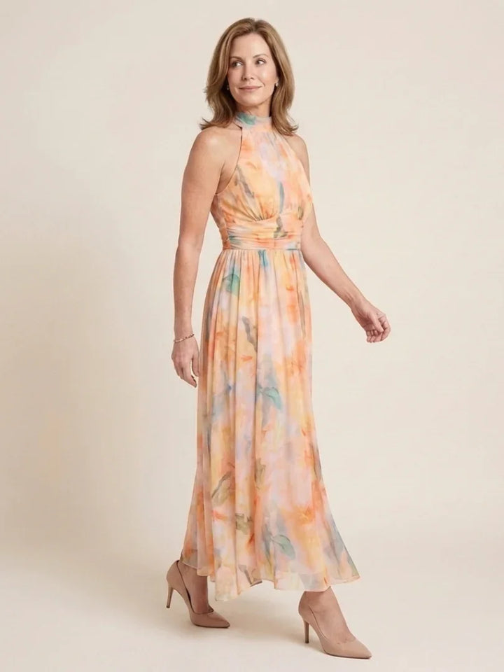 Elara | Sleeveless High Neck Gathered Waist Midi Dress