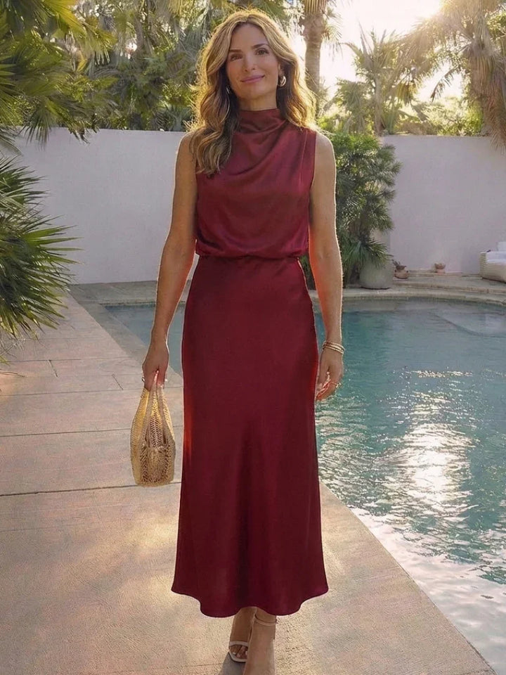 Olivienne | Sleeveless Draped High Neck Midi Dress