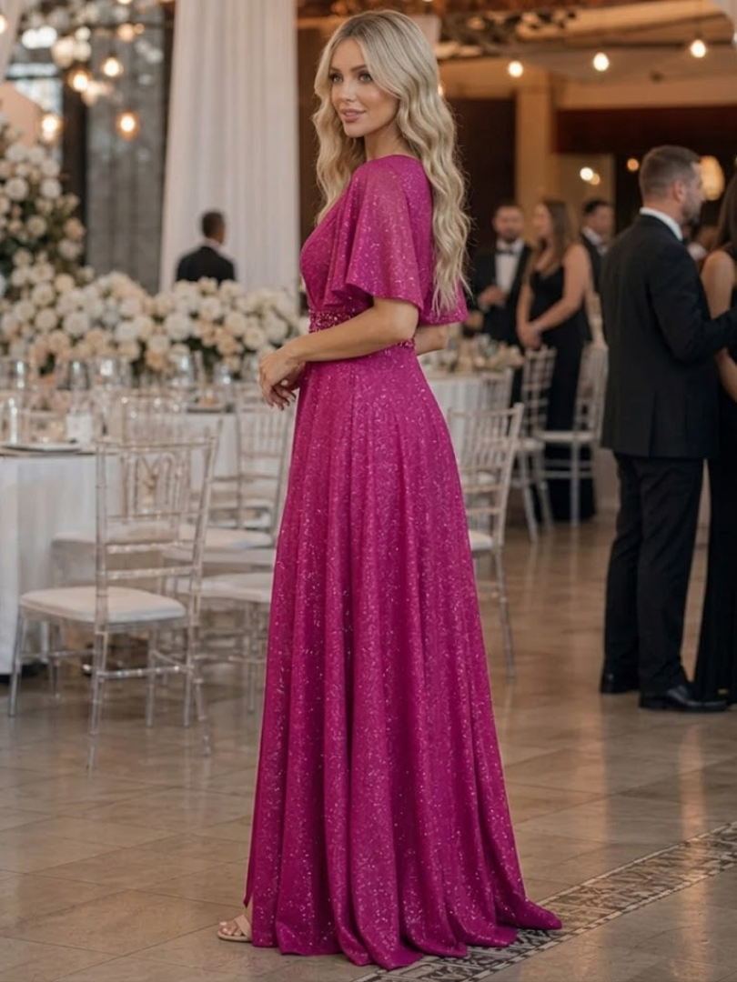 Orelia | Glitter V-Neck Flutter Sleeve Maxi Dress