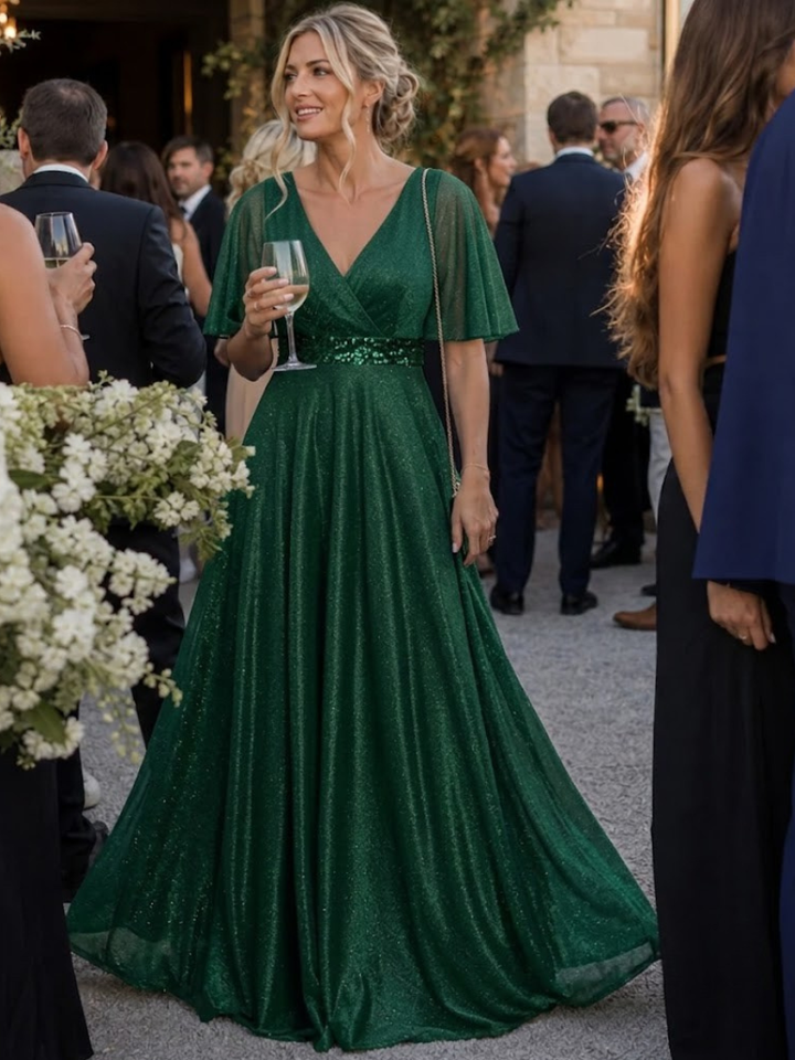 Orelia | Glitter V-Neck Flutter Sleeve Maxi Dress