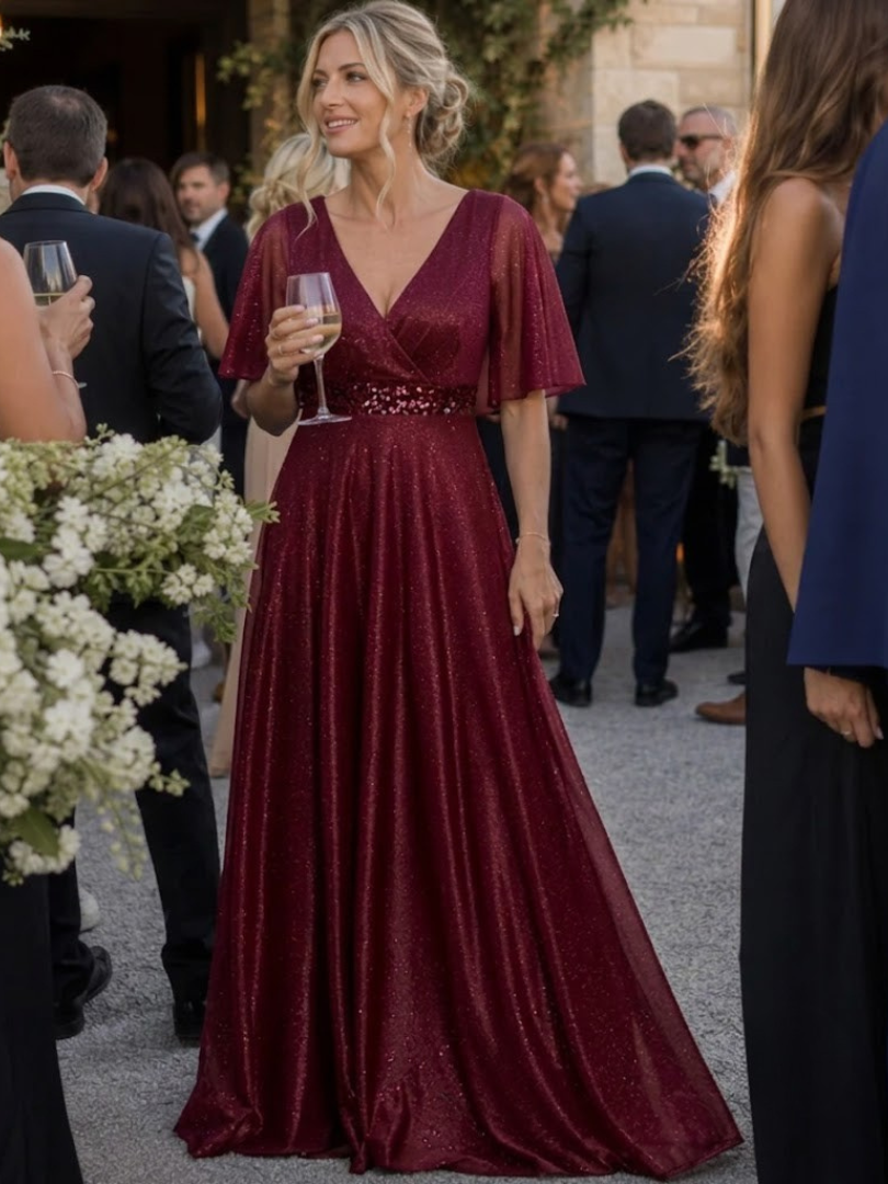 Orelia | Glitter V-Neck Flutter Sleeve Maxi Dress