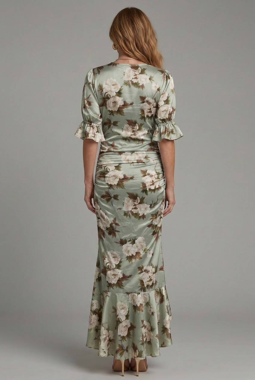 Palm | Short Sleeve V Neck Ruched Waist Midi Dress